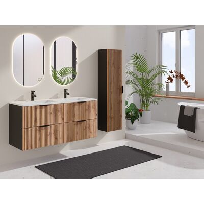 Vente-unique Geribbeld badkamermeubel met inbouwwastafel en kolomkast - Licht naturel en zwart - 120 cm - MADELA Vente-unique Geribbeld badkamermeubel met inbouwwastafel en kolomkast - Licht naturel en zwart - 120 cm - MADELA