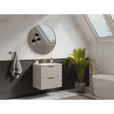 Vente-unique Geribbeld hangmeubel voor badkamer met inbouwwastafel - Beige - 60 cm - ZEVARA Vente-unique Geribbeld hangmeubel voor badkamer met inbouwwastafel - Beige - 60 cm - ZEVARA