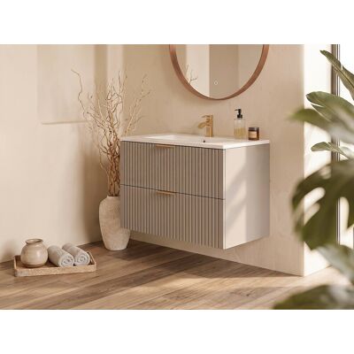 Vente-unique Geribbeld hangmeubel voor badkamer met inbouwwastafel - Beige - 80 cm - ZEVARA Vente-unique Geribbeld hangmeubel voor badkamer met inbouwwastafel - Beige - 80 cm - ZEVARA