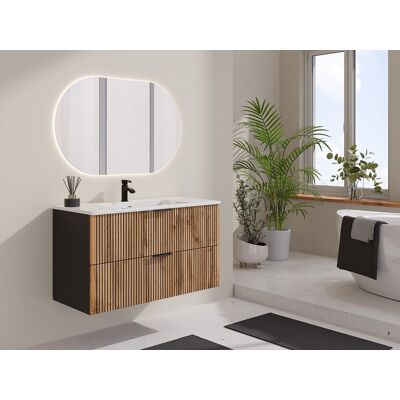 Vente-unique Hangmeubel voor badkamer met inbouwwastafel - Licht naturel en zwart - 100 cm MADELA Vente-unique Hangmeubel voor badkamer met inbouwwastafel - Licht naturel en zwart - 100 cm MADELA