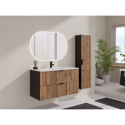 Vente-unique Geribbeld badkamermeubel met inbouwwastafel en kolomkast - Licht naturel en zwart - 100 cm - MADELA Vente-unique Geribbeld badkamermeubel met inbouwwastafel en kolomkast - Licht naturel en zwart - 100 cm - MADELA