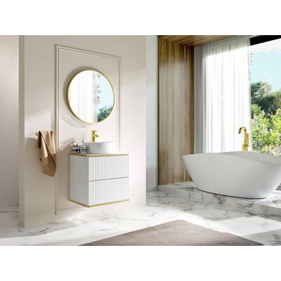 Vente-unique Hangmeubel voor badkamer met ribbels en goudkleurige rand met ronde opbouwwastafel - Wit - B60 cm - KELIZA Vente-unique Hangmeubel voor badkamer met ribbels en goudkleurige rand met ronde opbouwwastafel - Wit - B60 cm - KELIZA