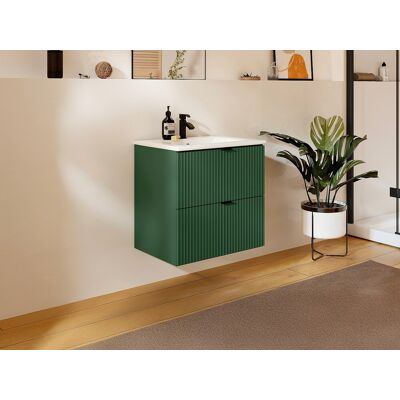 Vente-unique Gestreept hangmeubel voor badkamer en inbouwwastafel - Mat groen - 60 cm - ZEVINI Vente-unique Gestreept hangmeubel voor badkamer en inbouwwastafel - Mat groen - 60 cm - ZEVINI