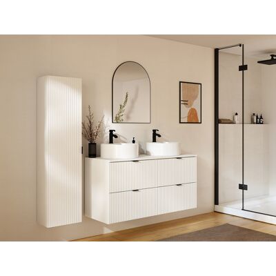 Vente-unique Hangend badkamermeubel geribbeld met ronde opzet wastafel en kolomkast - Mat wit - 120 cm - ZEVINI Vente-unique Hangend badkamermeubel geribbeld met ronde opzet wastafel en kolomkast - Mat wit - 120 cm - ZEVINI