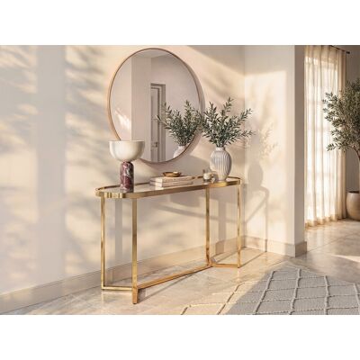 Vente-unique Consoletafel van gehard glas en verchroomd roestvrij staal - Transparant en goudkleurig - JOLINY Vente-unique Consoletafel van gehard glas en verchroomd roestvrij staal - Transparant en goudkleurig - JOLINY