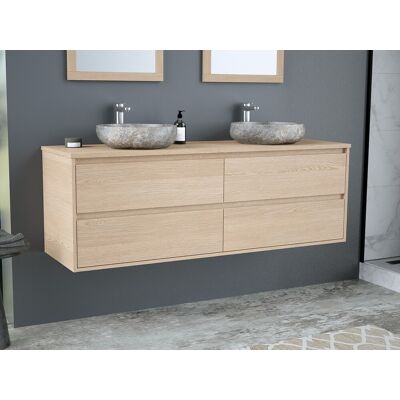 Vente-unique Hangmeubel voor badkamer met dubbele wastafel om erop te plaatsen in steen - Eikenfineer - 150 cm - MILIPAM Vente-unique Hangmeubel voor badkamer met dubbele wastafel om erop te plaatsen in steen - Eikenfineer - 150 cm - MILIPAM