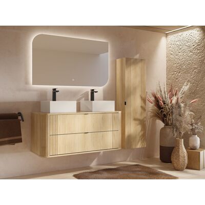 Vente-unique Zwevend badkamermeubel met dubbele vierkante opzetwastafel en kolomkast - Licht naturel - 120 cm - FILOR Vente-unique Zwevend badkamermeubel met dubbele vierkante opzetwastafel en kolomkast - Licht naturel - 120 cm - FILOR