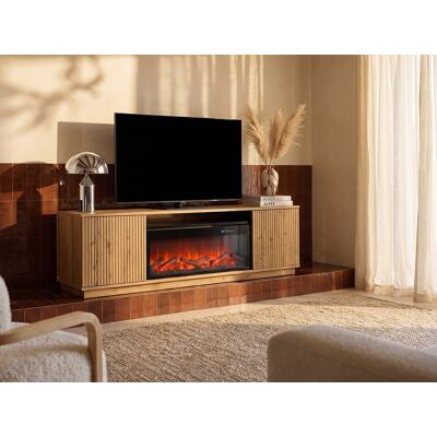 Vente-unique Tv-meubel met 2 deuren van MDF met schoorsteeneffect met ledverlichting - Naturel en zwart - YEVINA Vente-unique Tv-meubel met 2 deuren van MDF met schoorsteeneffect met ledverlichting - Naturel en zwart - YEVINA