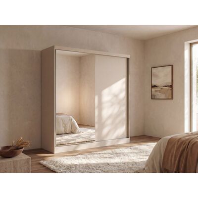 Vente-unique Kledingkast met 2 schuifdeuren en spiegel – B200 cm – Beige - OCHIRA Vente-unique Kledingkast met 2 schuifdeuren en spiegel – B200 cm – Beige - OCHIRA