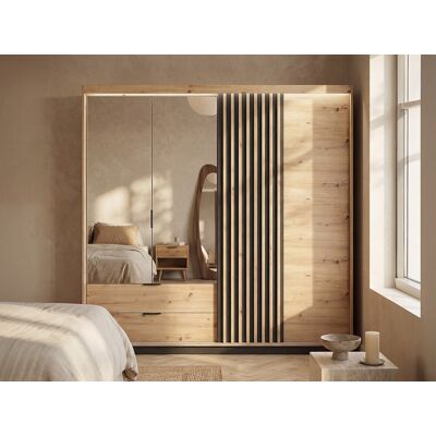 Vente-unique Kast met 3 deuren en 2 lades - Spiegel en ledverlichting - L220 cm - Kleur: naturel en zwart - ARIADA Vente-unique Kast met 3 deuren en 2 lades - Spiegel en ledverlichting - L220 cm - Kleur: naturel en zwart - ARIADA