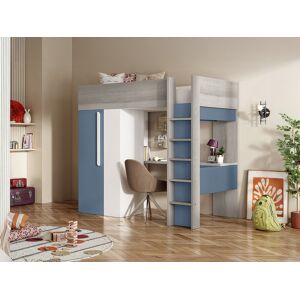 Vente-unique Hoogslaper met kast en bureau - Blauw en wit Vente-unique Hoogslaper met kast en bureau - Blauw en wit
