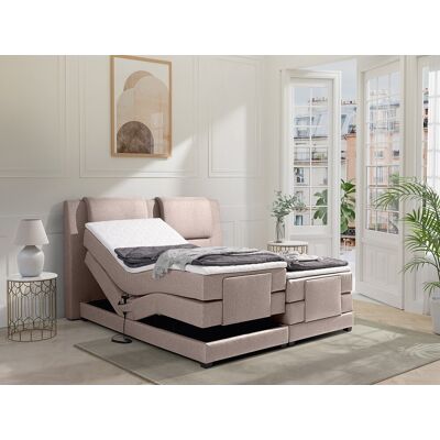 Vente-unique Set boxspring hoofdbord + Elektrische bedbodem + matras + topmatras CASTEL van PALACIO - 2x90x200cm - Beige stof Vente-unique Set boxspring hoofdbord + Elektrische bedbodem + matras + topmatras CASTEL van PALACIO - 2x90x200cm - Beige stof