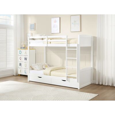 Vente-unique Stapelbed 2 x 90 x 200 cm - 2 lades - Grenen en mdf - Wit + matras - LIMODARA Vente-unique Stapelbed 2 x 90 x 200 cm - 2 lades - Grenen en mdf - Wit + matras - LIMODARA