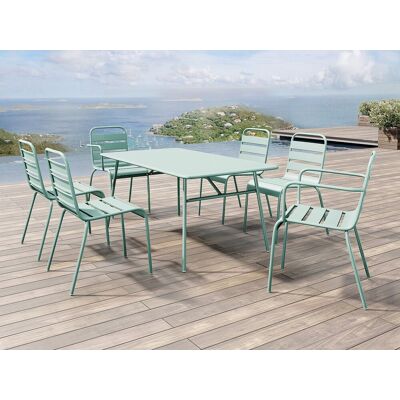 Vente-unique Tuineetset MIRMANDE van metaal: tafel L160 cm + 2 opstapelbare fauteuils + 4 opstapelbare stoelen - Amandelgroen Vente-unique Tuineetset MIRMANDE van metaal: tafel L160 cm + 2 opstapelbare fauteuils + 4 opstapelbare stoelen - Amandelgroen