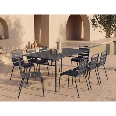 Vente-unique Tuineethoek van metaal - Een tafel D200 cm en 8 stapelbare stoelen - Donkergrijs - MIRMANDE van MYLIA Vente-unique Tuineethoek van metaal - Een tafel D200 cm en 8 stapelbare stoelen - Donkergrijs - MIRMANDE van MYLIA