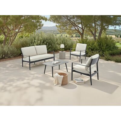 Vente-unique Aluminium tuinset: een 2-zitsbank, 2 fauteuils en 1 salontafel - Antraciet met beige kussens - TAVINYA van MYLIA Vente-unique Aluminium tuinset: een 2-zitsbank, 2 fauteuils en 1 salontafel - Antraciet met beige kussens - TAVINYA van MYLIA