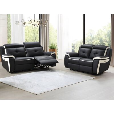 Vente-unique Elektrische drie- en tweezits relaxbank van leer ANGELIQUE - Zwart/ wit Vente-unique Elektrische drie- en tweezits relaxbank van leer ANGELIQUE - Zwart/ wit