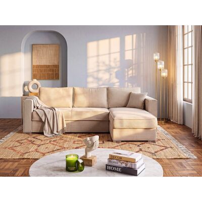 Vente-unique Omkeerbare express-hoekslaapbank van nachtblauw ribfluweel - Bed met brede latten 140 cm - Matras 18 cm LORETO Vente-unique Omkeerbare express-hoekslaapbank van nachtblauw ribfluweel - Bed met brede latten 140 cm - Matras 18 cm LORETO