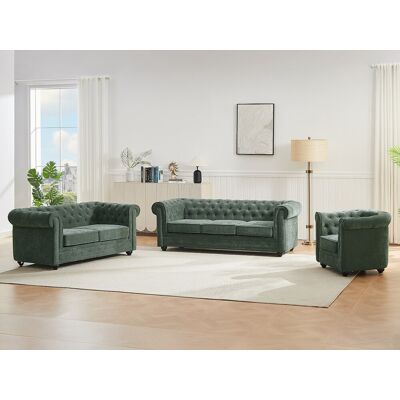 Vente-unique 3-zits, 2-zits en een fauteuil in groene stof - CHESTERFIELD Vente-unique 3-zits, 2-zits en een fauteuil in groene stof - CHESTERFIELD