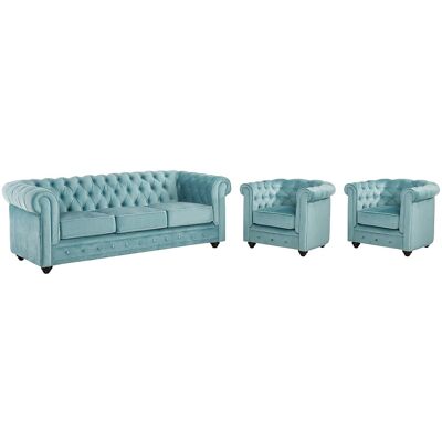 Uniek Lichtblauw Fluwelen Chesterfield Bankstel-Set Uniek Lichtblauw Fluwelen Chesterfield Bankstel-Set