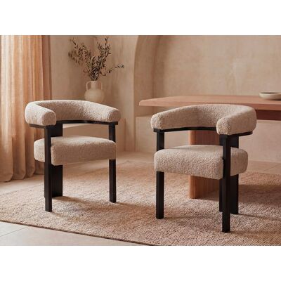 Vente-unique Set van 2 stoelen met armleuningen van boucléstof en heveahout - Taupegrijs en zwart - LIVELIA Vente-unique Set van 2 stoelen met armleuningen van boucléstof en heveahout - Taupegrijs en zwart - LIVELIA