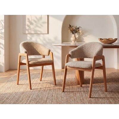 Vente-unique Set van 6 stoelen met armleuningen in boucléstof en rubberhout - Taupe en naturel - SOLUNA Vente-unique Set van 6 stoelen met armleuningen in boucléstof en rubberhout - Taupe en naturel - SOLUNA