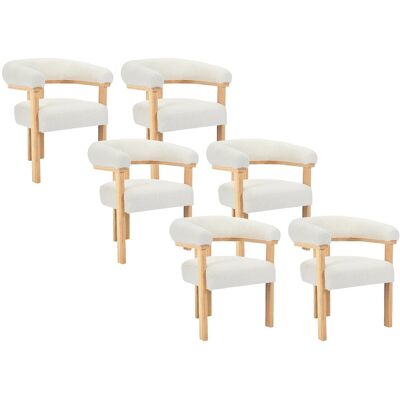 Vente-unique Set van 6 stoelen met armleuningen van boucléstof en heveahout - Wit en naturel - LIVELIA van Pascal MORABITO Vente-unique Set van 6 stoelen met armleuningen van boucléstof en heveahout - Wit en naturel - LIVELIA van Pascal MORABITO