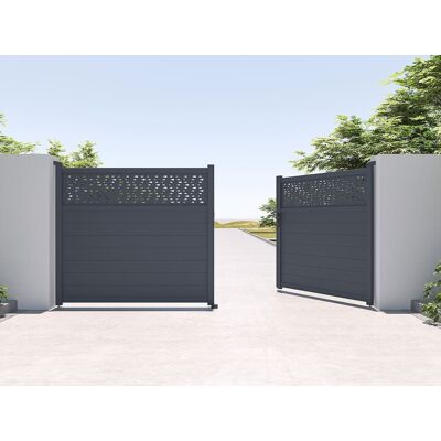Vente-unique Elektrische draaipoort van aluminium met motieven - Halfopengewerkt - L.305 x H.182 cm - Antraciet - BAZIO Vente-unique Elektrische draaipoort van aluminium met motieven - Halfopengewerkt - L.305 x H.182 cm - Antraciet - BAZIO