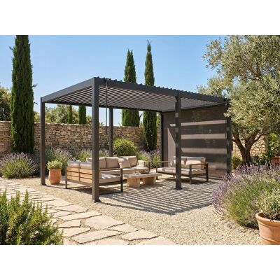 Vente-unique Vrijstaande bioklimatische pergola van aluminium 15m² met intrekbaar gordijn B300 cm - Antraciet - ALMAFI Vente-unique Vrijstaande bioklimatische pergola van aluminium 15m² met intrekbaar gordijn B300 cm - Antraciet - ALMAFI