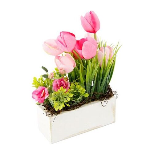 my home Takken Tulpen wilde rozen en gras In pot, van hout, bloemdecoratie (1 stuk) roze