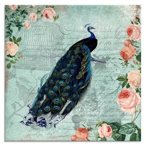 Artland Print op glas Vintage rozen en pauw illustratie blauw