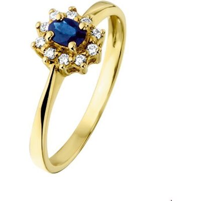 Quickjewels Huiscollectie Goud ring saffier en diamant 0.08ct h p1 halo 14K geelgoud 4015010 Quickjewels Huiscollectie Goud ring saffier en diamant 0.08ct h p1 halo 14K geelgoud 4015010