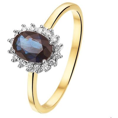 Quickjewels Huiscollectie Goud ring saffier en diamant 0.11ct h si halo 14K bicolor goud geel/wit 4208178 Quickjewels Huiscollectie Goud ring saffier en diamant 0.11ct h si halo 14K bicolor goud geel/wit 4208178