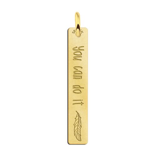 Names4ever Verticale Gouden Bar Ketting Hanger met Veer en Gravure Goudkleurig