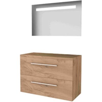 Basic Line Basic-Line Economic 46 Badkamermeubelset - 100 x 46 cm - Met Grepen - 2 Lades - Wastafelblad - Spiegel met LED Verlichting - Whisky Oak Basic Line Basic-Line Economic 46 Badkamermeubelset - 100 x 46 cm - Met Grepen - 2 Lades - Wastafelblad - Spiegel met LED Verlichting - Whisky Oak
