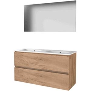 Basic Line Basic-Line Basic 46 Badkamermeubelset - 120 x 46 cm - Greeploos - 2 Lades - Keramische Wastafel - 2 Kraangaten - Spiegel - Whisky Oak Basic Line Basic-Line Basic 46 Badkamermeubelset - 120 x 46 cm - Greeploos - 2 Lades - Keramische Wastafel - 2 Kraangaten - Spiegel - Whisky Oak