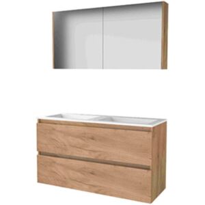 Basic Line Basic-Line Comfort 46 Badkamermeubelset - 120 x 46 cm - Greeploos - 2 Lades - Acryl Wastafel - 2 Kraangaten - Spiegelkast - Whisky Oak Basic Line Basic-Line Comfort 46 Badkamermeubelset - 120 x 46 cm - Greeploos - 2 Lades - Acryl Wastafel - 2 Kraangaten - Spiegelkast - Whisky Oak