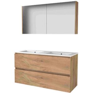 Basic Line Basic-Line Comfort 46 Badkamermeubelset - 120 x 46 cm - Greeploos - 2 Lades - Keramische Wastafel - 2 Kraangaten - Spiegelkast - Whisky Oak Basic Line Basic-Line Comfort 46 Badkamermeubelset - 120 x 46 cm - Greeploos - 2 Lades - Keramische Wastafel - 2 Kraangaten - Spiegelkast - Whisky Oak