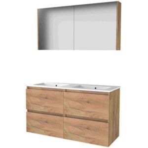 Basic Line Basic-Line Comfort 46 Badkamermeubelset - 120 x 46 cm - Greeploos - 4 Lades - Keramische Wastafel - 2 Kraangaten - Spiegelkast - Whisky Oak Basic Line Basic-Line Comfort 46 Badkamermeubelset - 120 x 46 cm - Greeploos - 4 Lades - Keramische Wastafel - 2 Kraangaten - Spiegelkast - Whisky Oak