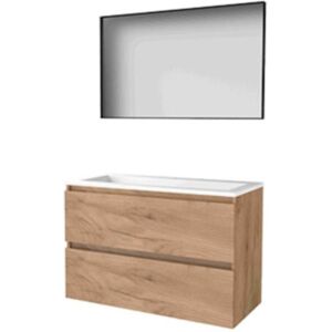 Basic Line Basic-Line Framed 46 Badkamermeubelset - 100 x 46 cm - Greeploos - 2 Lades - Acryl Wastafel - 1 Kraangat - Spiegel met Zwart Aluminium Frame - Whisky Oak Basic Line Basic-Line Framed 46 Badkamermeubelset - 100 x 46 cm - Greeploos - 2 Lades - Acryl Wastafel - 1 Kraangat - Spiegel met Zwart Aluminium Frame - Whisky Oak