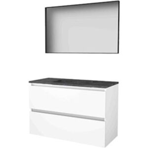 Basic Line Basic-Line Framed 46 Badkamermeubelset - 100 x 46 cm - Greeploos - 2 Lades - Hardstenen Wastafel - 1 Kraangat - Spiegel met Zwart Aluminium Frame - Ice White Basic Line Basic-Line Framed 46 Badkamermeubelset - 100 x 46 cm - Greeploos - 2 Lades - Hardstenen Wastafel - 1 Kraangat - Spiegel met Zwart Aluminium Frame - Ice White