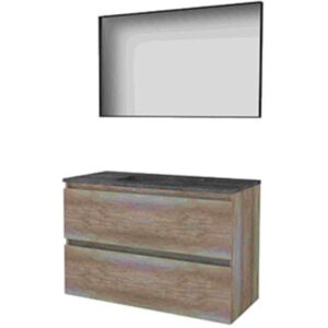 Basic Line Basic-Line Framed 46 Badkamermeubelset - 100 x 46 cm - Greeploos - 2 Lades - Hardstenen Wastafel - Zonder Kraangat - Spiegel met Zwart Aluminium Frame - Scotch Oak Basic Line Basic-Line Framed 46 Badkamermeubelset - 100 x 46 cm - Greeploos - 2 Lades - Hardstenen Wastafel - Zonder Kraangat - Spiegel met Zwart Aluminium Frame - Scotch Oak