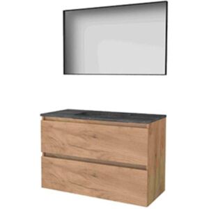 Basic Line Basic-Line Framed 46 Badkamermeubelset - 100 x 46 cm - Greeploos - 2 Lades - Hardstenen Wastafel - Zonder Kraangat - Spiegel met Zwart Aluminium Frame - Whisky Oak Basic Line Basic-Line Framed 46 Badkamermeubelset - 100 x 46 cm - Greeploos - 2 Lades - Hardstenen Wastafel - Zonder Kraangat - Spiegel met Zwart Aluminium Frame - Whisky Oak