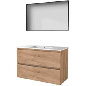 Basic Line Basic-Line Framed 46 Badkamermeubelset - 100 x 46 cm - Greeploos - 2 Lades - Keramische Wastafel - 1 Kraangat - Spiegel met Zwart Aluminium Frame - Whisky Oak Basic Line Basic-Line Framed 46 Badkamermeubelset - 100 x 46 cm - Greeploos - 2 Lades - Keramische Wastafel - 1 Kraangat - Spiegel met Zwart Aluminium Frame - Whisky Oak