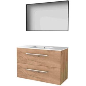 Basic Line Basic-Line Framed 46 Badkamermeubelset - 100 x 46 cm - Met Grepen - 2 Lades - Keramische Wastafel - 1 Kraangat - Spiegel met Zwart Aluminium Frame - Whisky Oak Basic Line Basic-Line Framed 46 Badkamermeubelset - 100 x 46 cm - Met Grepen - 2 Lades - Keramische Wastafel - 1 Kraangat - Spiegel met Zwart Aluminium Frame - Whisky Oak