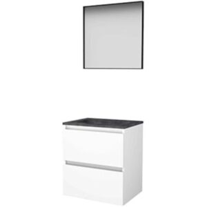 Basic Line Basic-Line Framed 46 Badkamermeubelset - 60 x 46 cm - Greeploos - 2 Lades - Hardstenen Wastafel - Zonder Kraangat - Spiegel met Zwart Aluminium Frame - Ice White Basic Line Basic-Line Framed 46 Badkamermeubelset - 60 x 46 cm - Greeploos - 2 Lades - Hardstenen Wastafel - Zonder Kraangat - Spiegel met Zwart Aluminium Frame - Ice White