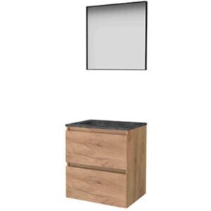 Basic Line Basic-Line Framed 46 Badkamermeubelset - 60 x 46 cm - Greeploos - 2 Lades - Hardstenen Wastafel - Zonder Kraangat - Spiegel met Zwart Aluminium Frame - Whisky Oak Basic Line Basic-Line Framed 46 Badkamermeubelset - 60 x 46 cm - Greeploos - 2 Lades - Hardstenen Wastafel - Zonder Kraangat - Spiegel met Zwart Aluminium Frame - Whisky Oak