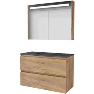 Basic Line Basic-Line Premium 46 Badkamermeubelset - 100 x 46 cm - Greeploos - 2 Lades - Hardstenen Wastafel - 1 Kraangat - Spiegelkast met LED Verlichting - Whisky Oak Basic Line Basic-Line Premium 46 Badkamermeubelset - 100 x 46 cm - Greeploos - 2 Lades - Hardstenen Wastafel - 1 Kraangat - Spiegelkast met LED Verlichting - Whisky Oak