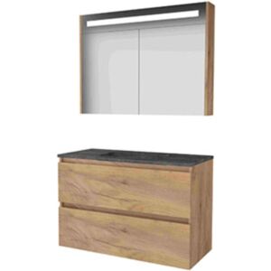 Basic Line Basic-Line Premium 46 Badkamermeubelset - 100 x 46 cm - Greeploos - 2 Lades - Hardstenen Wastafel - Zonder Kraangat - Spiegelkast met LED Verlichting - Whisky Oak Basic Line Basic-Line Premium 46 Badkamermeubelset - 100 x 46 cm - Greeploos - 2 Lades - Hardstenen Wastafel - Zonder Kraangat - Spiegelkast met LED Verlichting - Whisky Oak