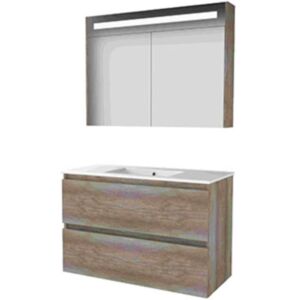 Basic Line Basic-Line Premium 46 Badkamermeubelset - 100 x 46 cm - Greeploos - 2 Lades - Keramische Wastafel - 1 Kraangat - Spiegelkast met LED Verlichting - Scotch Oak Basic Line Basic-Line Premium 46 Badkamermeubelset - 100 x 46 cm - Greeploos - 2 Lades - Keramische Wastafel - 1 Kraangat - Spiegelkast met LED Verlichting - Scotch Oak